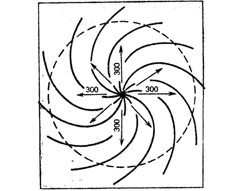Спиральное солнечно-межпланетное поле в плоскости солнечного экватора (или в плоскости эклиптики) для спокойного Солнца.