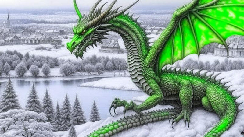 дракон летит над городом зимой