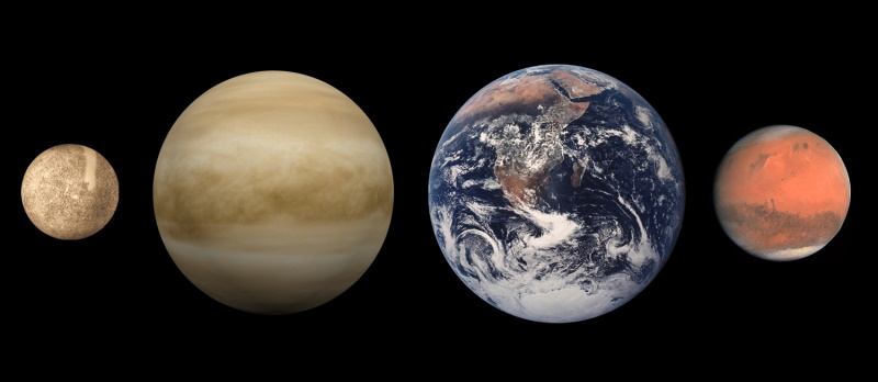 Сравнительные размеры Меркурия, Венеры, Земли и Марса